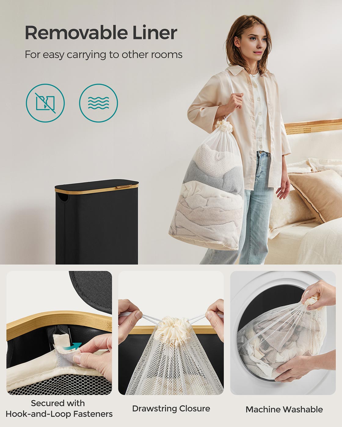 Laundry Basket with Lid 65L Space-Saving 42 x 22.5 x 70.5 cm Ink Black - image 5