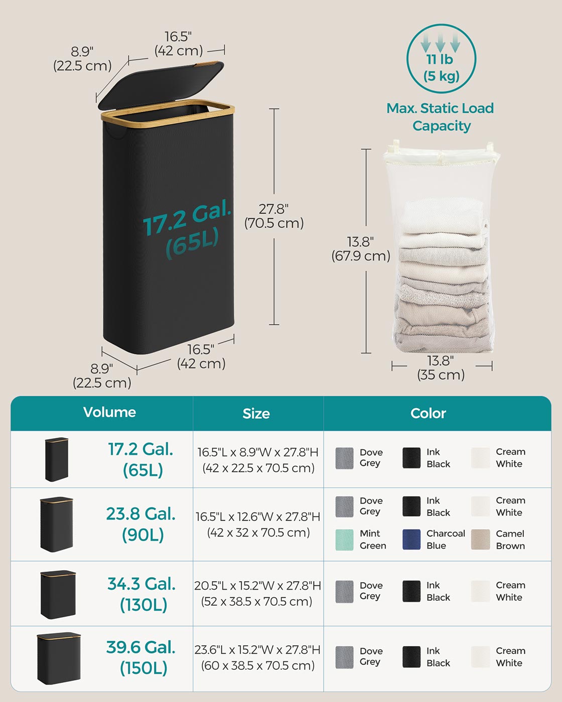 Laundry Basket with Lid 65L Space-Saving 42 x 22.5 x 70.5 cm Ink Black - image 8