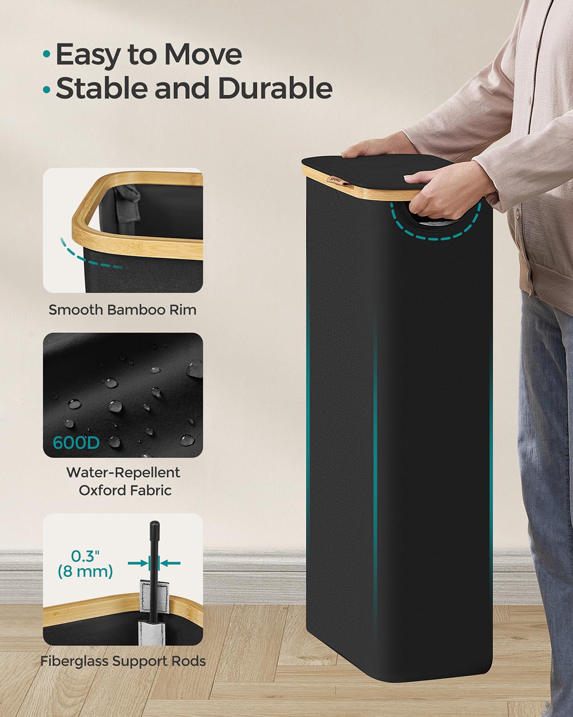 Laundry Basket with Lid 65L Space-Saving 42 x 22.5 x 70.5 cm Ink Black - image 6