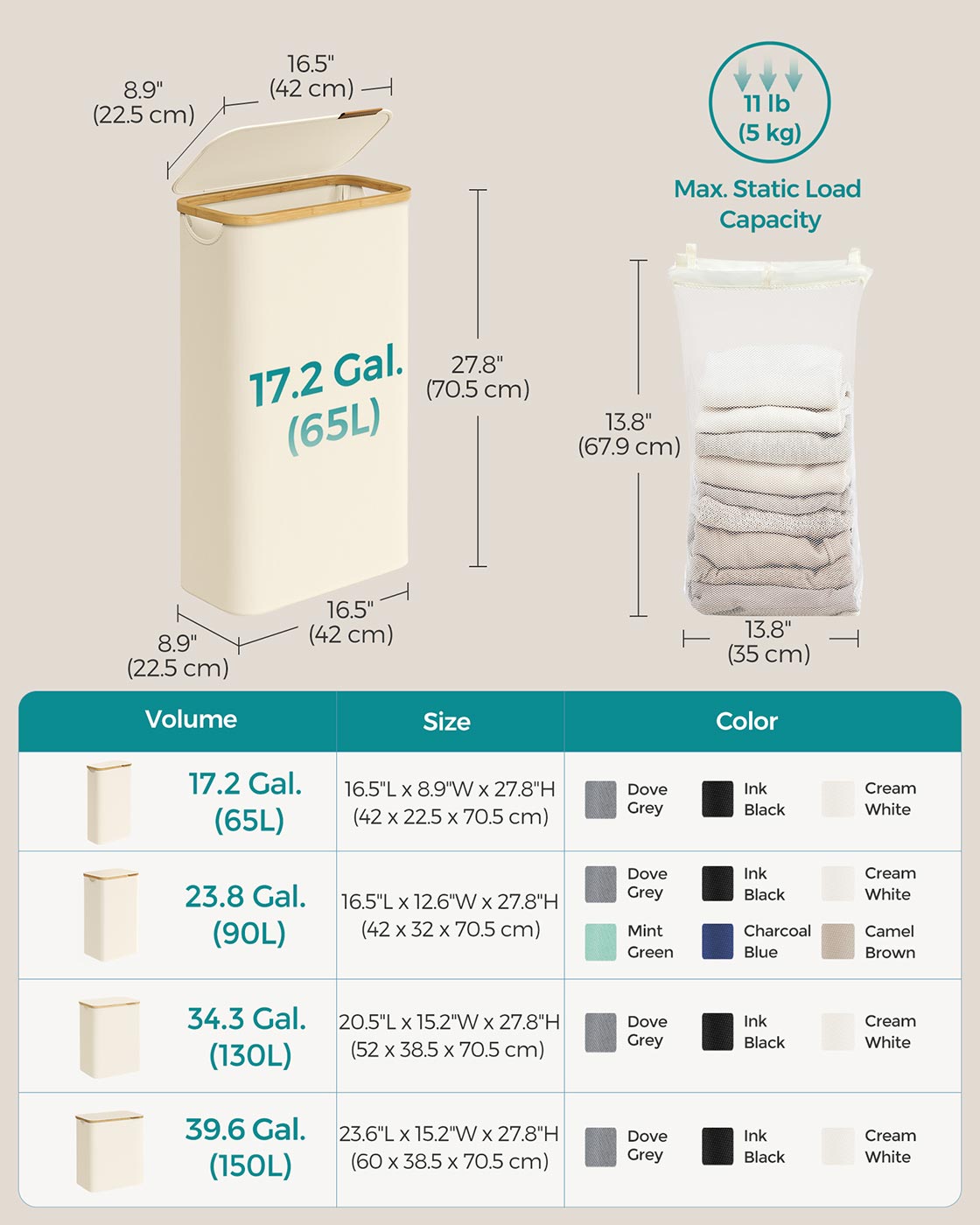 Laundry Basket with Lid 65L Space-Saving 42 x 22.5 x 70.5 cm Ink Black - image 33