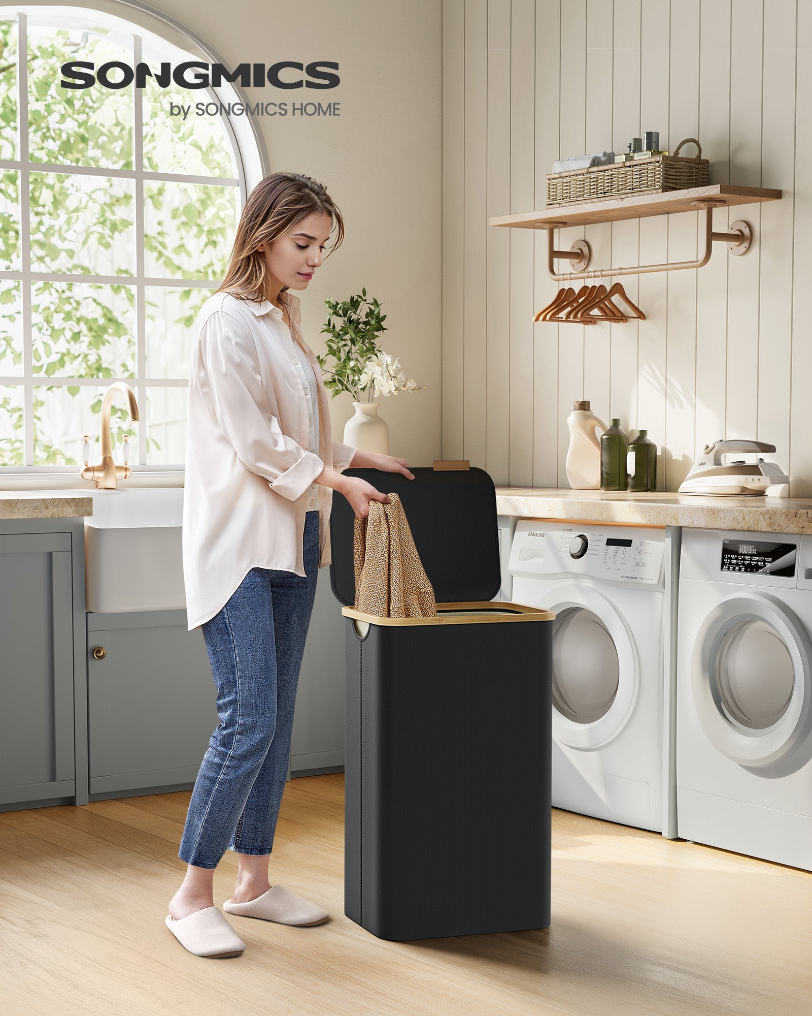 Laundry Basket with Lid 65L Space-Saving 42 x 22.5 x 70.5 cm Ink Black - image 19