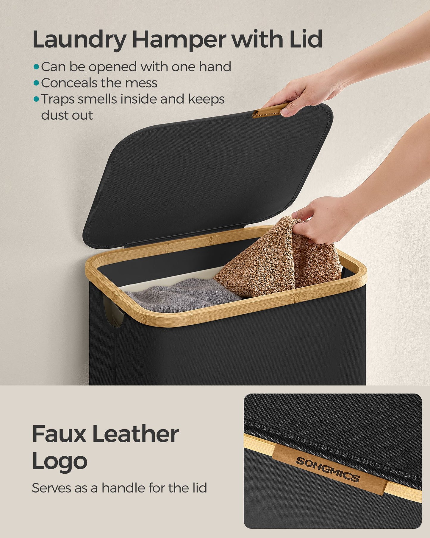 Laundry Basket with Lid 65L Space-Saving 42 x 22.5 x 70.5 cm Ink Black - image 21
