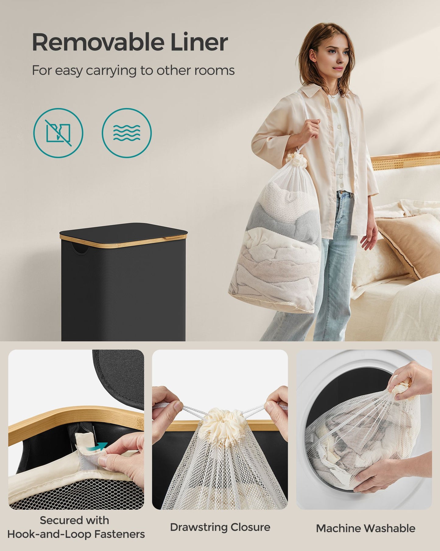 Laundry Basket with Lid 65L Space-Saving 42 x 22.5 x 70.5 cm Ink Black - image 22