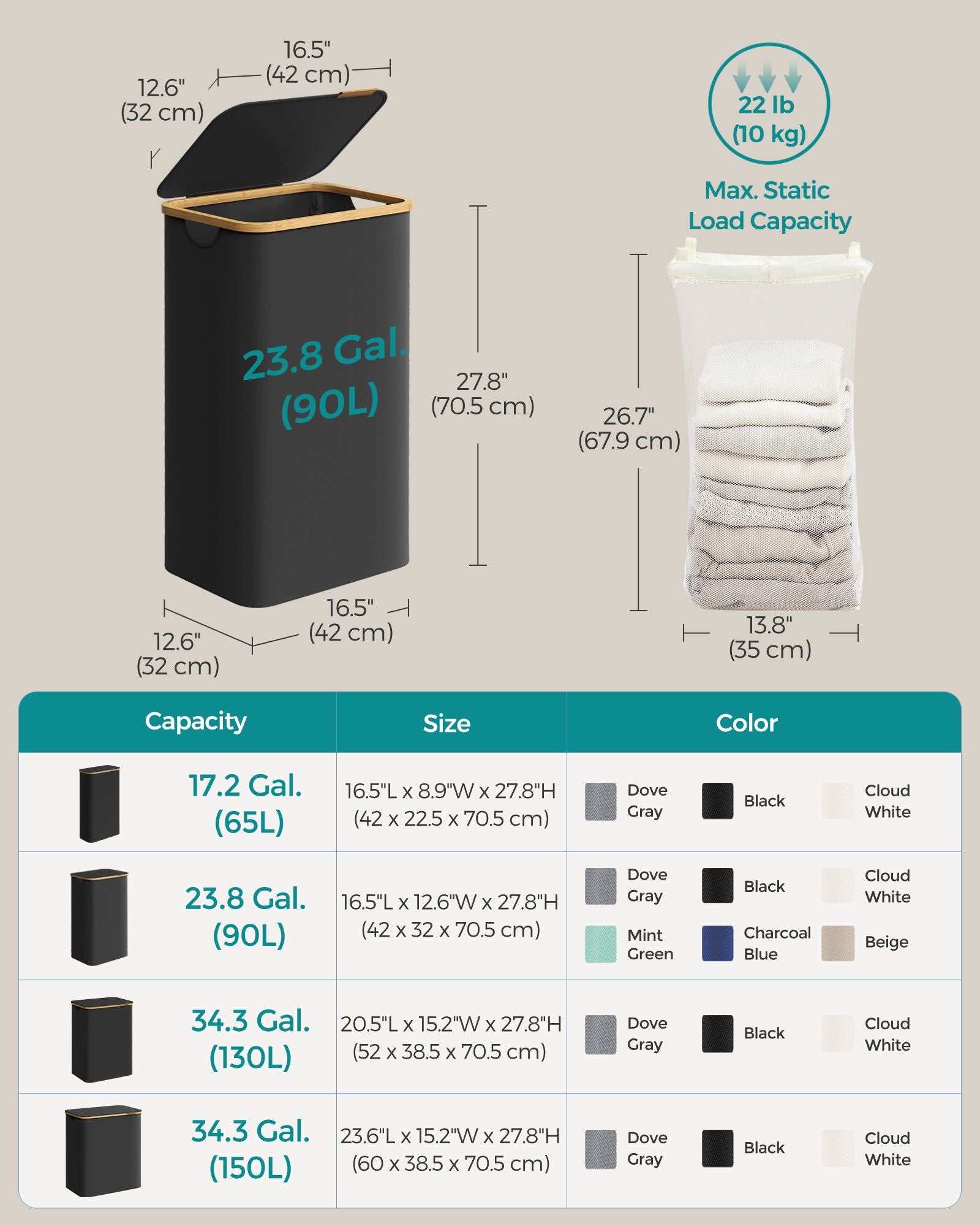 Laundry Basket with Lid 65L Space-Saving 42 x 22.5 x 70.5 cm Ink Black - image 23