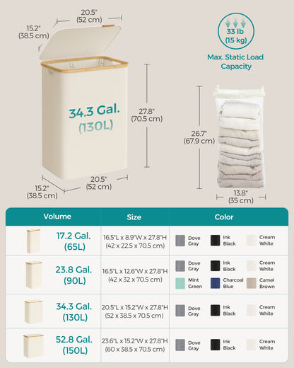 Laundry Hamper with Lid, 20.5 x 15.2 x 27.8 Inches, Cream White