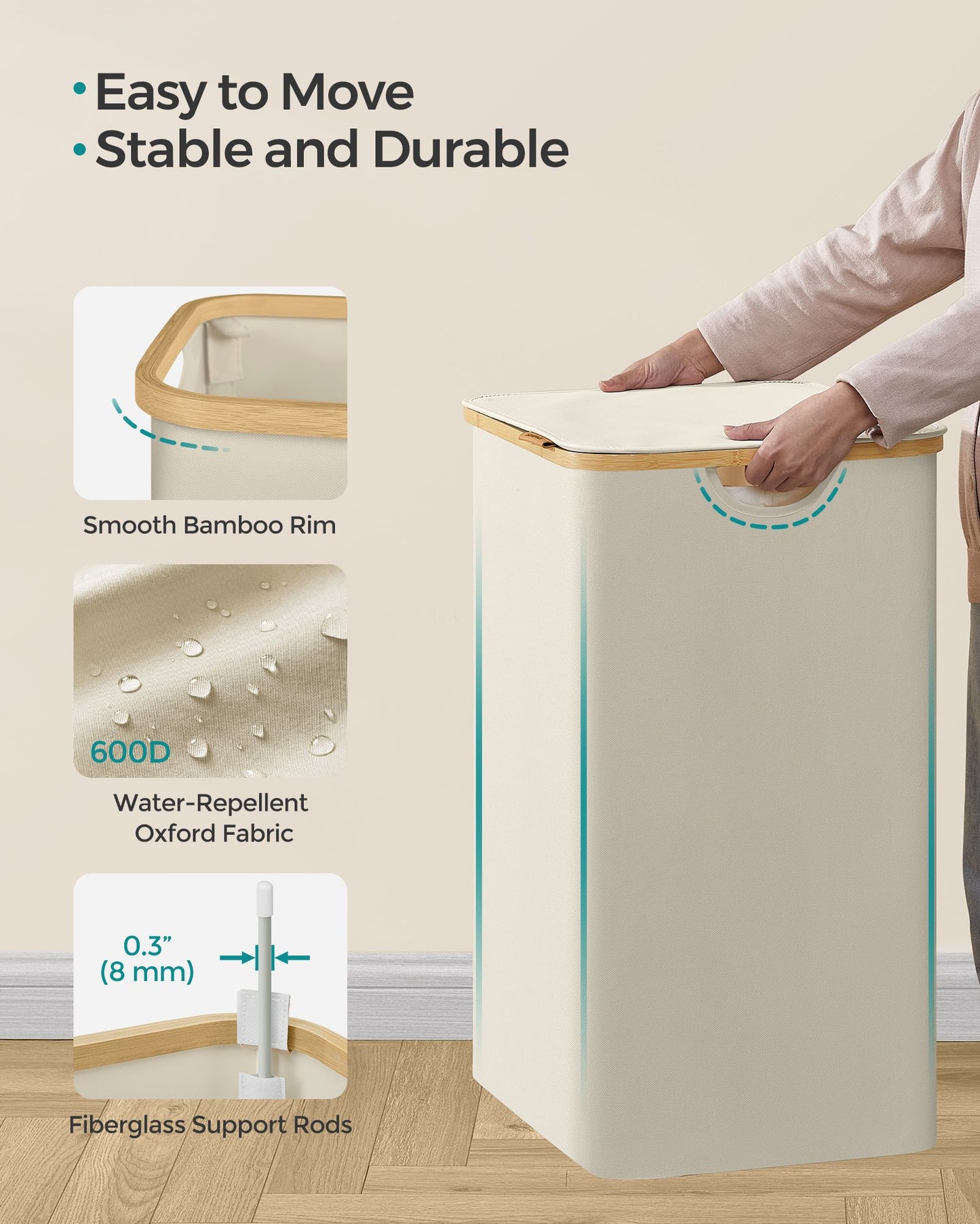Laundry Hamper with Lid, 20.5 x 15.2 x 27.8 Inches, Cream White