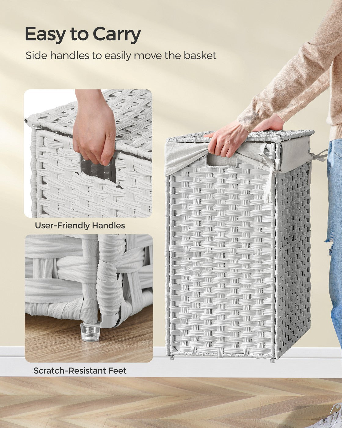 Handwoven Laundry Hamper, 23.8 Gal (90L) Synthetic Rattan Clothes Laundry Basket with Lid and Handles