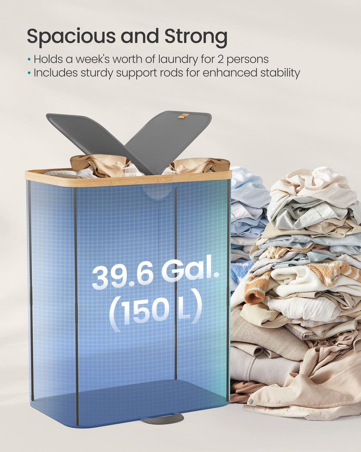 Laundry Basket with 2 Compartments, 150 Liter Laundry Sorter with Lid, Laundry Bin - image 3