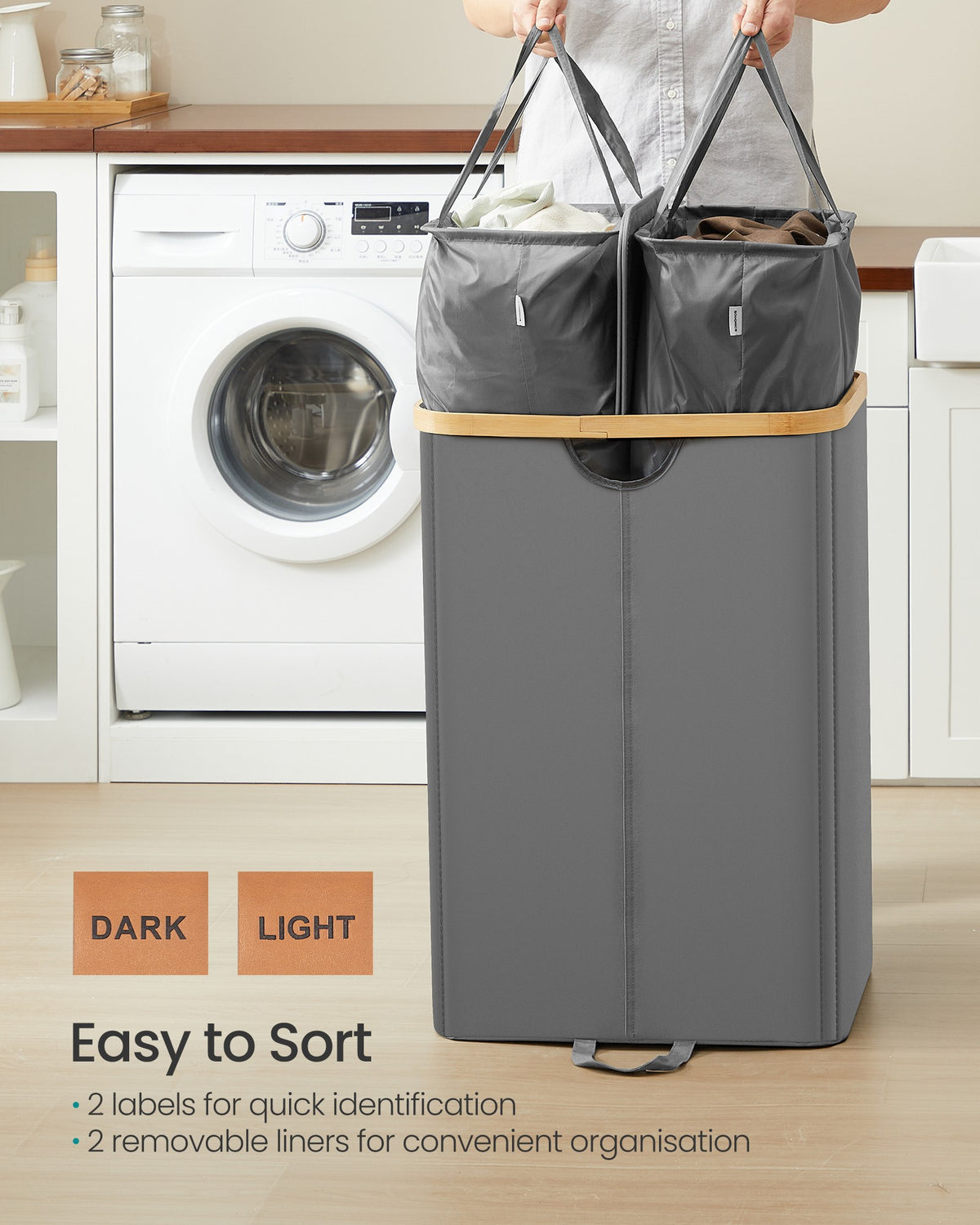 Laundry Basket with 2 Compartments, 150 Liter Laundry Sorter with Lid, Laundry Bin - image 4