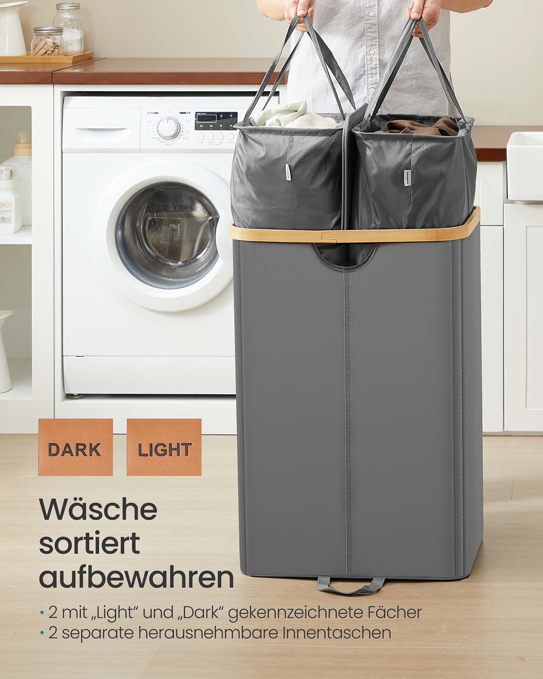 Laundry Basket with 2 Compartments, 150 Liter Laundry Sorter with Lid, Laundry Bin