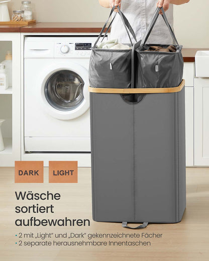 Laundry Basket with 2 Compartments, 150 Liter Laundry Sorter with Lid, Laundry Bin