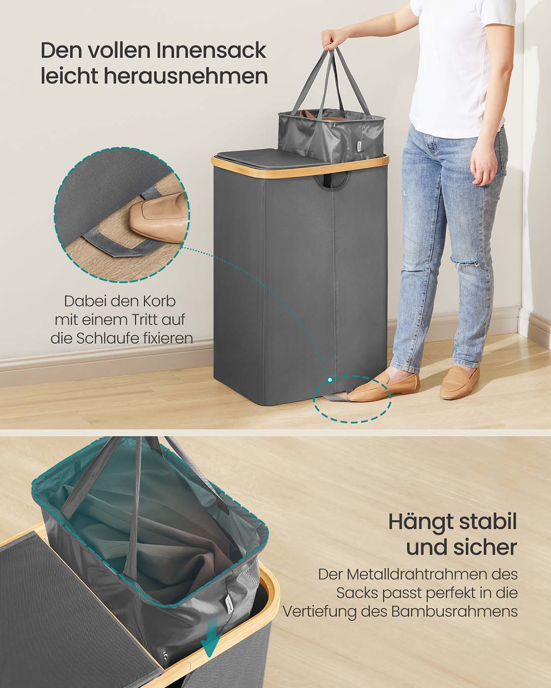 Laundry Basket with 2 Compartments, 150 Liter Laundry Sorter with Lid, Laundry Bin