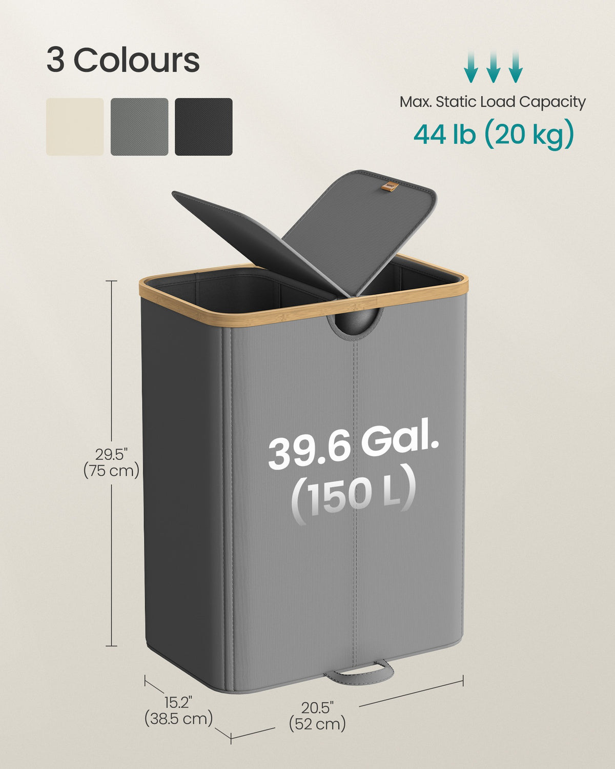 Laundry Basket with 2 Compartments, 150 Liter Laundry Sorter with Lid, Laundry Bin - image 6