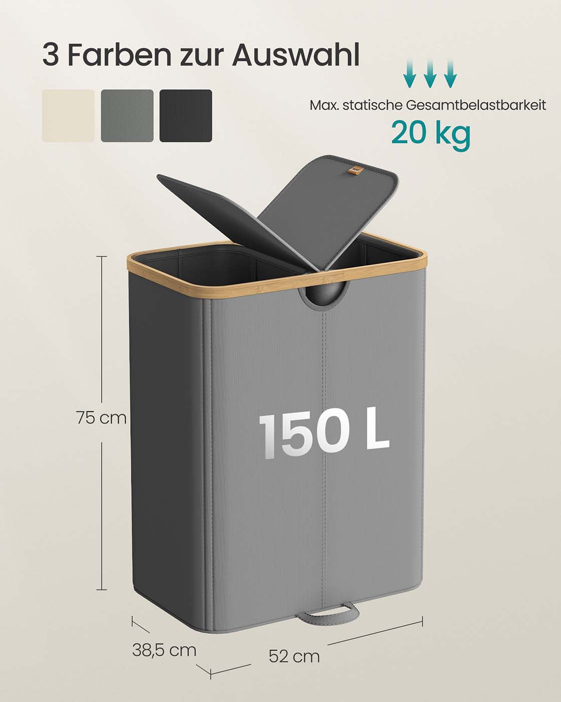Laundry Basket with 2 Compartments, 150 Liter Laundry Sorter with Lid, Laundry Bin