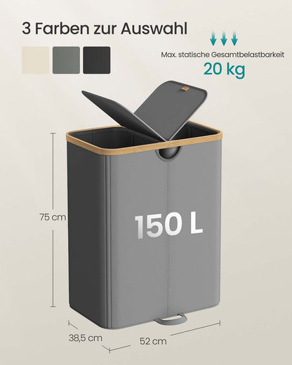 Laundry Basket with 2 Compartments, 150 Liter Laundry Sorter with Lid, Laundry Bin