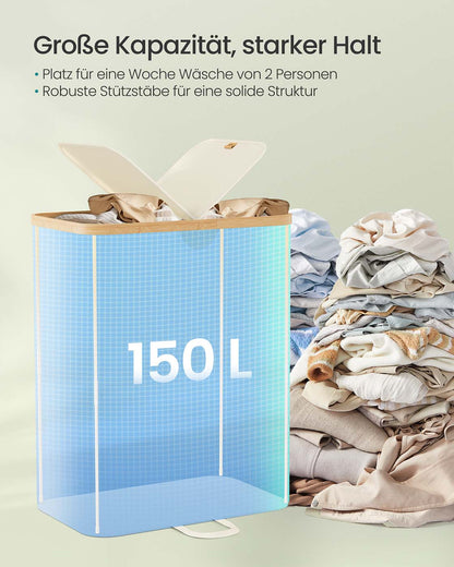 Laundry Basket with 2 Compartments, Laundry Basket, 150 L, Sorter with Lid, Removable Clothes Bags