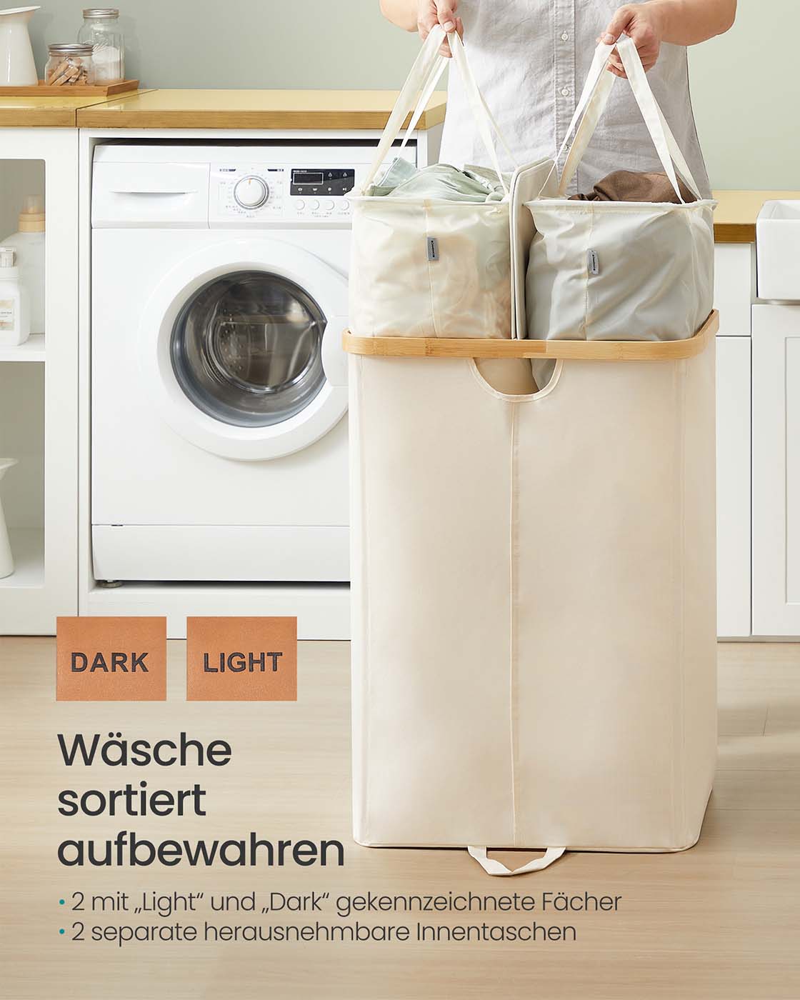 Laundry Basket with 2 Compartments, Laundry Basket, 150 L, Sorter with Lid, Removable Clothes Bags