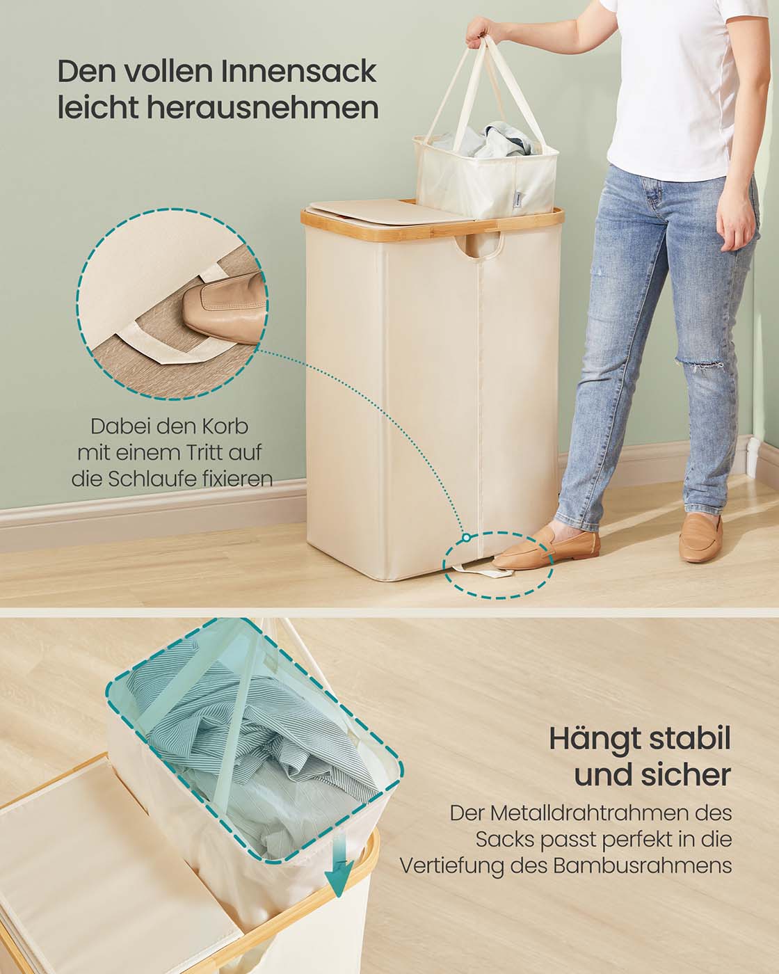 Laundry Basket with 2 Compartments, Laundry Basket, 150 L, Sorter with Lid, Removable Clothes Bags