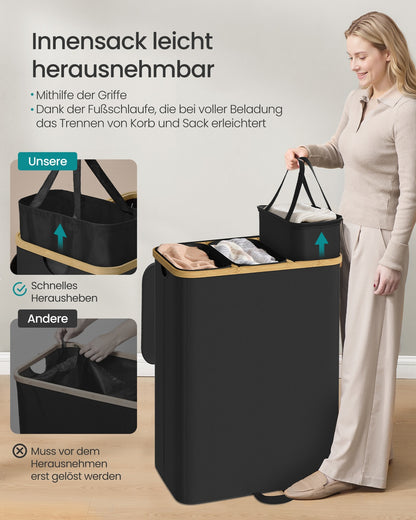 Laundry Basket, Removable Liner, 3 Compartments, 170 L, Ink Black