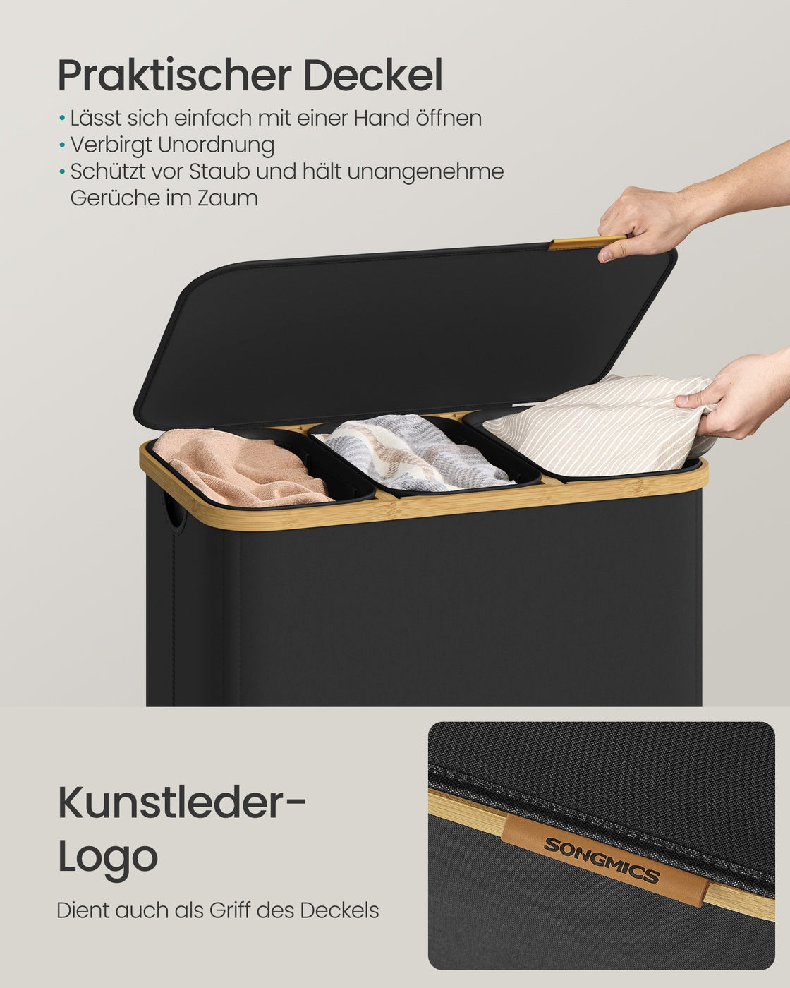 Laundry Basket, Removable Liner, 3 Compartments, 170 L, Ink Black