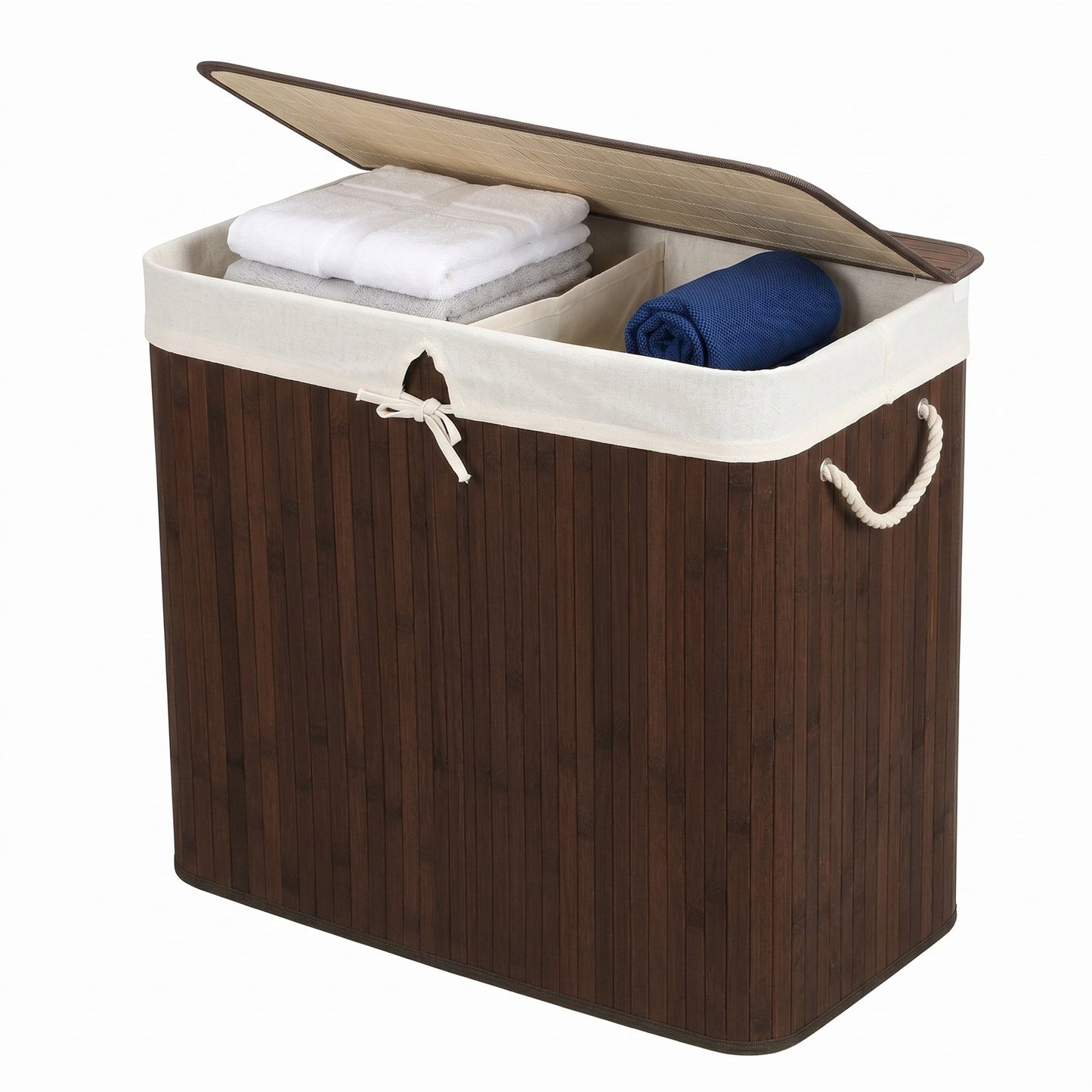 Bamboo Laundry Basket, 2 Sorting Compartments, Removable Bag - image 2