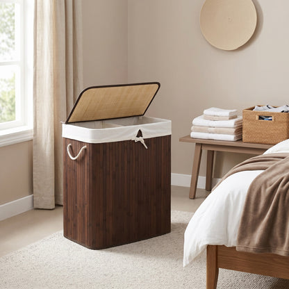 Bamboo Laundry Basket, 2 Sorting Compartments, Removable Bag - image 4