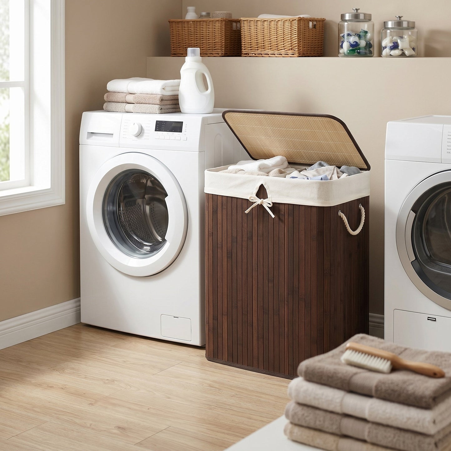 Bamboo Laundry Basket, 2 Sorting Compartments, Removable Bag - image 5