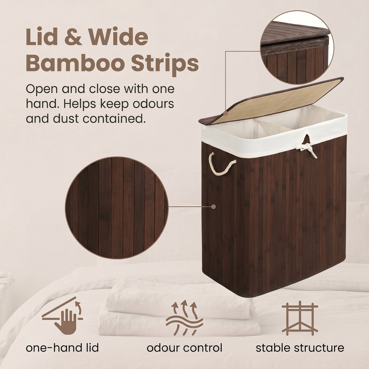 Bamboo Laundry Basket, 2 Sorting Compartments, Removable Bag - image 6