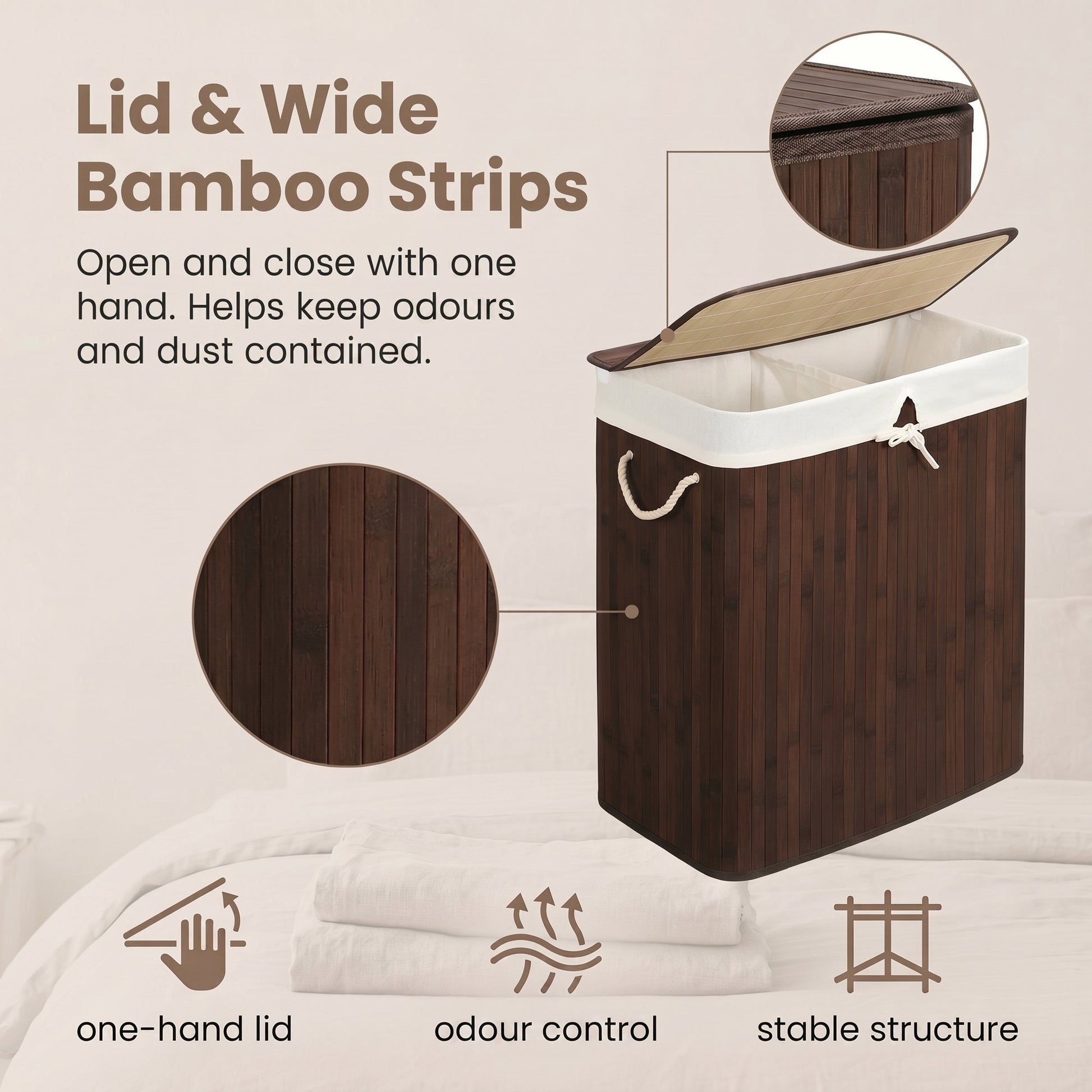 Bamboo Laundry Basket, 2 Sorting Compartments, Removable Bag - image 6