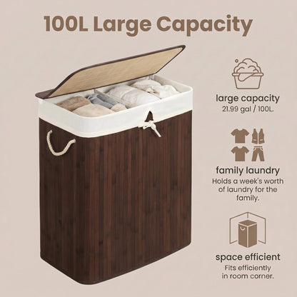 Bamboo Laundry Basket, 2 Sorting Compartments, Removable Bag - image 7