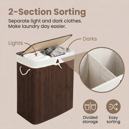 Bamboo Laundry Basket, 2 Sorting Compartments, Removable Bag - image 8