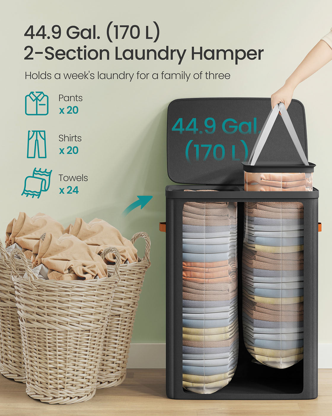 44.9 Gal. Laundry Hamper with Lid and Handles - HWLEXTRA 