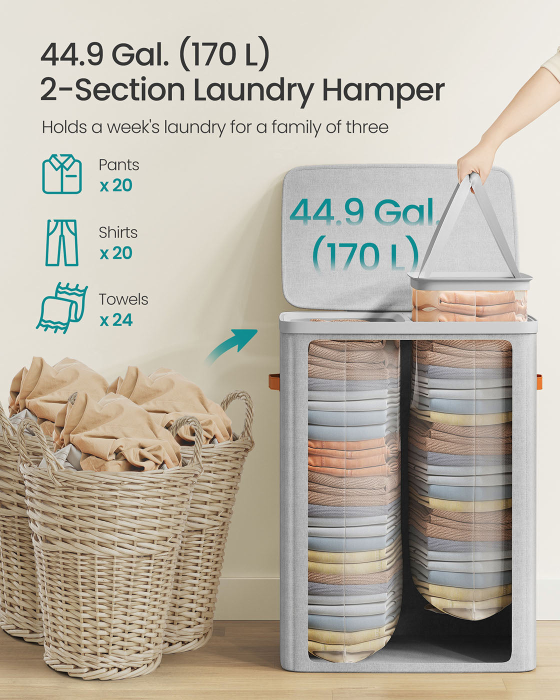 44.9 Gal. Laundry Hamper with Lid and Handles - HWLEXTRA 