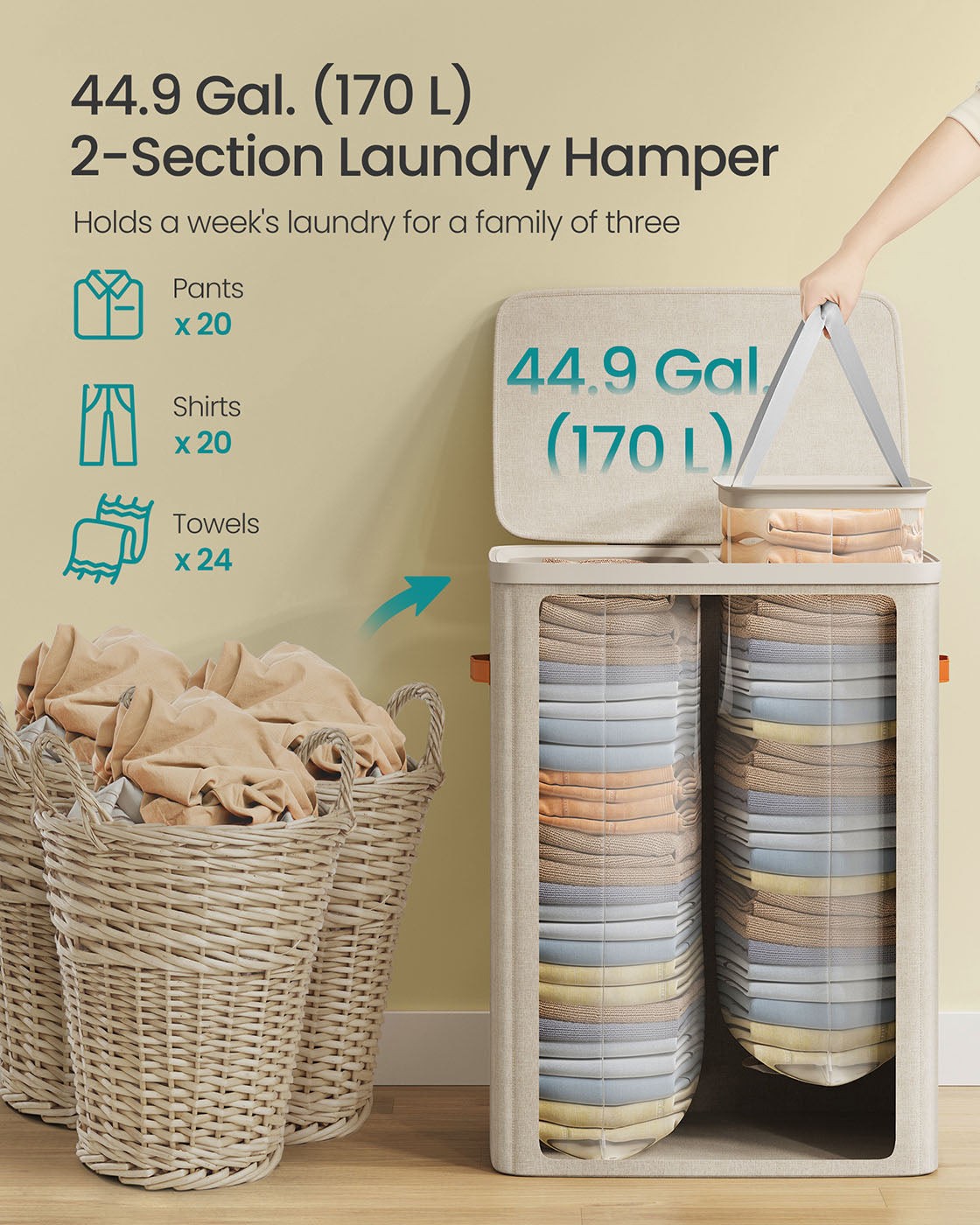 44.9 Gal. Laundry Hamper with Lid and Handles - HWLEXTRA 
