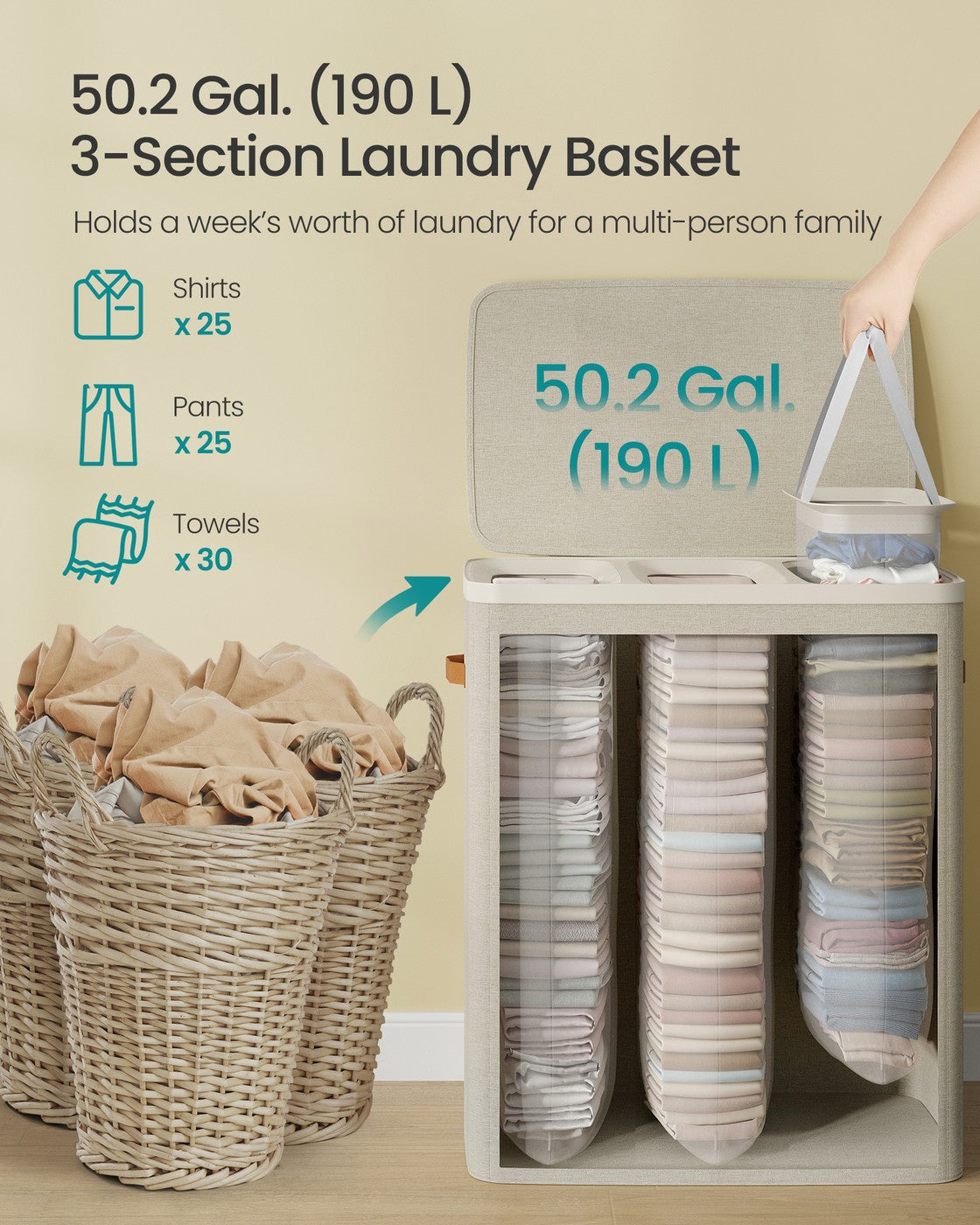 50.2 Gal. Laundry Hamper with Lid and Handles - HWLEXTRA 