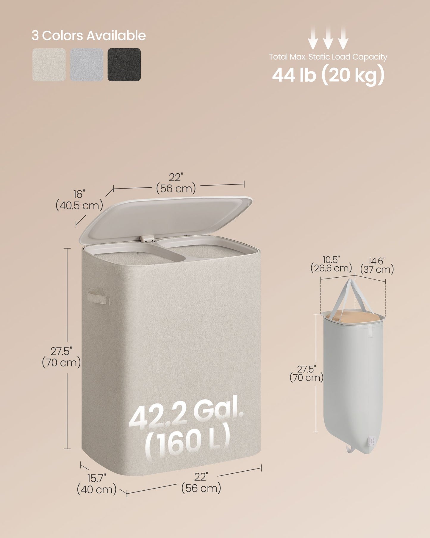 Laundry Basket with Lid, 42.2 Gallons, 2-Compartment Laundry Hamper with Handle, Removable Liner - image 3