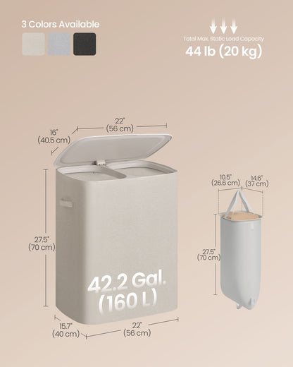 Laundry Basket with Lid, 42.2 Gallons, 2-Compartment Laundry Hamper with Handle, Removable Liner - image 3