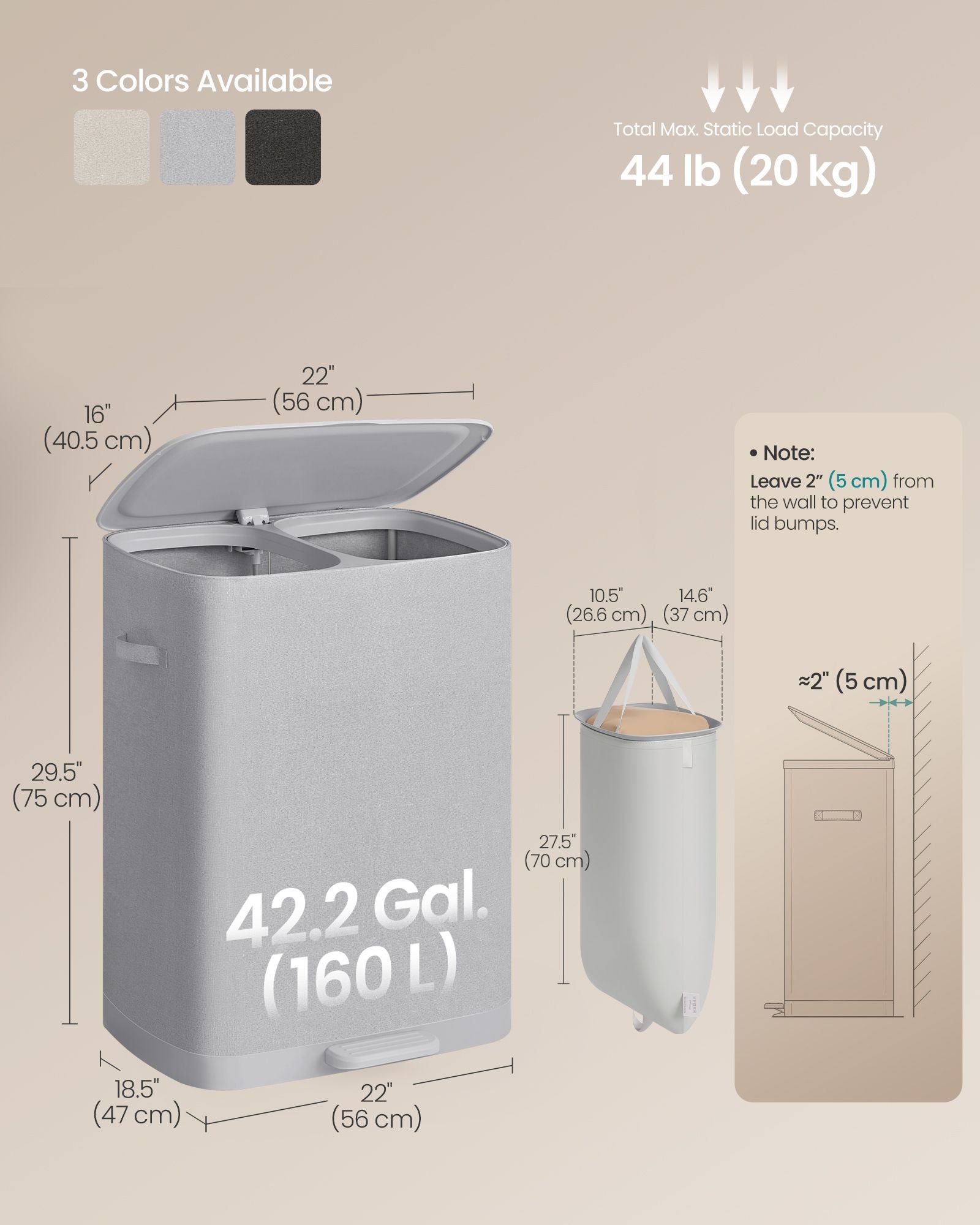 Laundry Basket with Lid, 42.2 Gallons, 2-Compartment Laundry Hamper with Handle and Pedal, Easy Assembly - image 6
