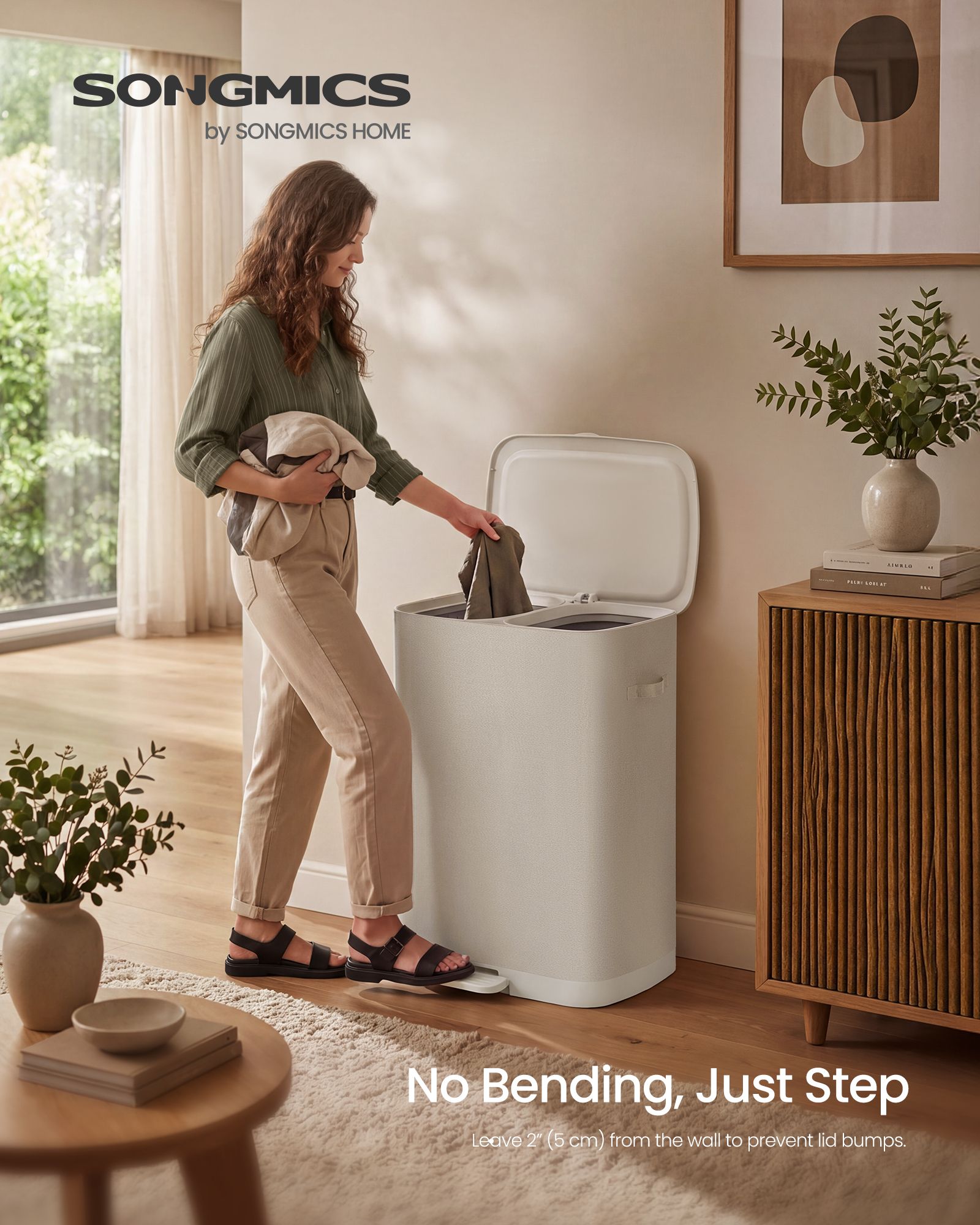 Laundry Basket with Lid, 42.2 Gallons, 2-Compartment Laundry Hamper with Handle and Pedal, Easy Assembly - image 2