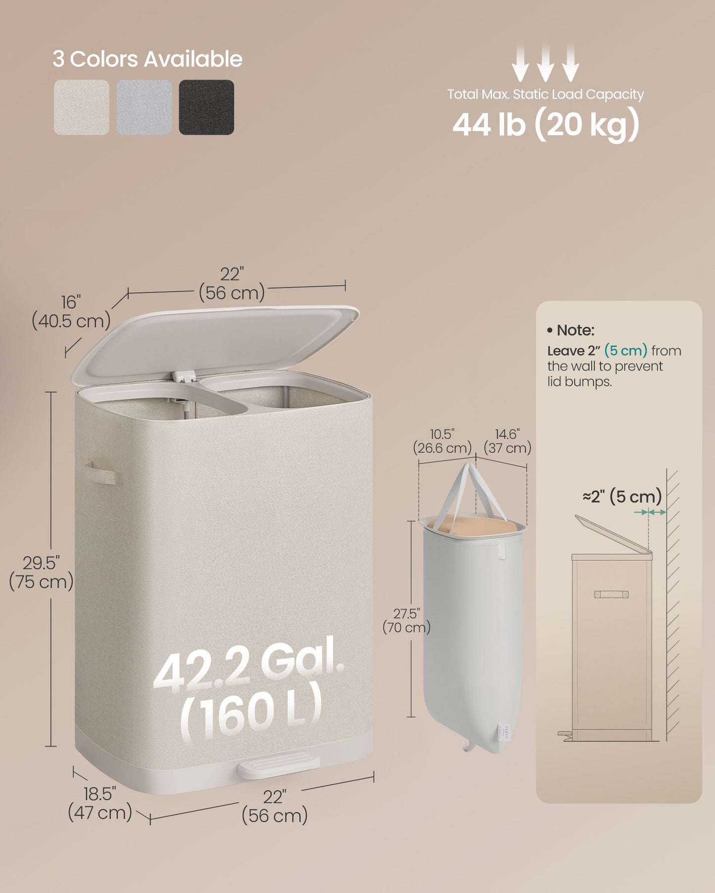 Laundry Basket with Lid, 42.2 Gallons, 2-Compartment Laundry Hamper with Handle and Pedal, Easy Assembly - image 3