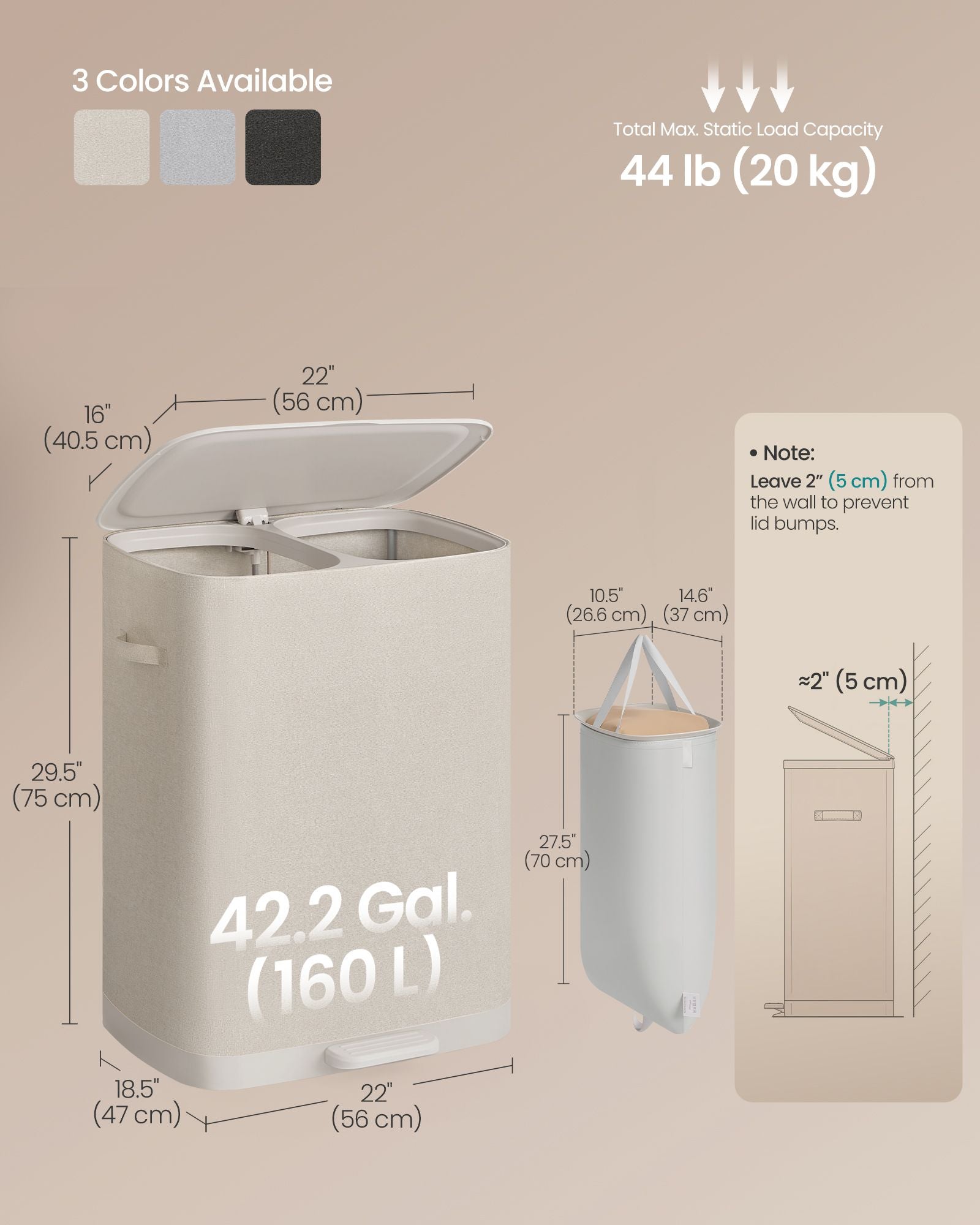 Laundry Basket with Lid, 42.2 Gallons, 2-Compartment Laundry Hamper with Handle and Pedal, Easy Assembly - image 3