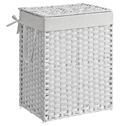 90 L Laundry Basket, Foldable Synthetic Rattan Storage Basket with Lid and Handles, Removable Liners