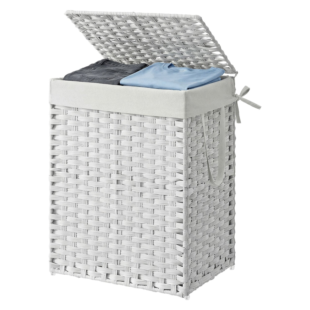 90 L Laundry Basket, Foldable Synthetic Rattan Storage Basket with Lid and Handles, Removable Liners