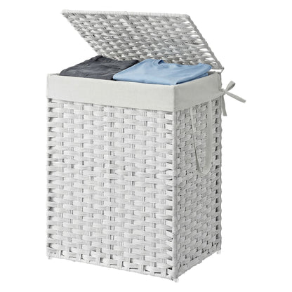 90 L Laundry Basket, Foldable Synthetic Rattan Storage Basket with Lid and Handles, Removable Liners