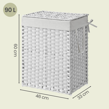90 L Laundry Basket, Foldable Synthetic Rattan Storage Basket with Lid and Handles, Removable Liners