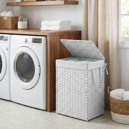 90 L Laundry Basket, Foldable Synthetic Rattan Storage Basket with Lid and Handles, Removable Liners