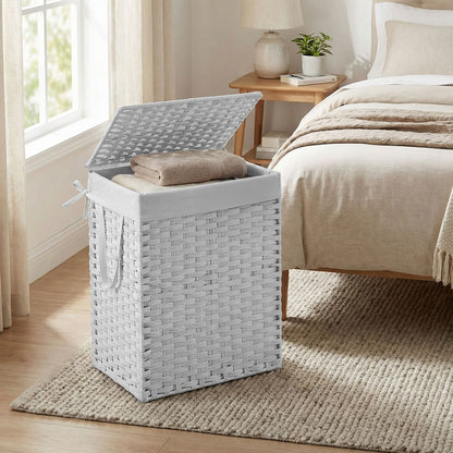 90 L Laundry Basket, Foldable Synthetic Rattan Storage Basket with Lid and Handles, Removable Liners