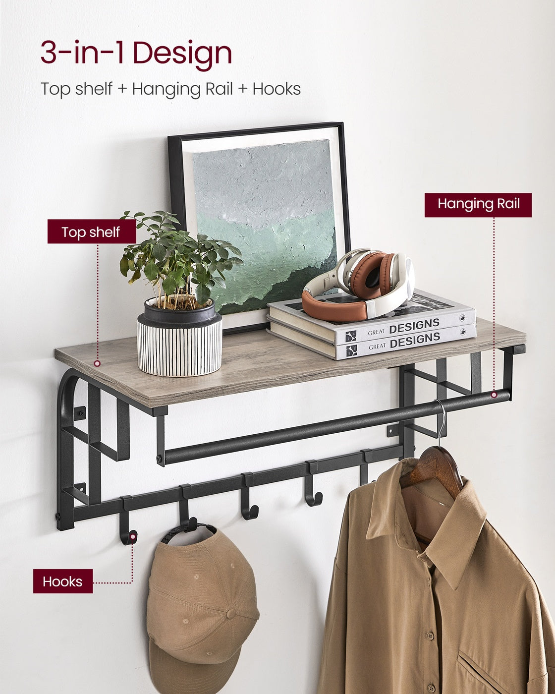 Coat Rack Wall-Mounted, Clothes Rail with 5 Removable Coat Hooks - image 15