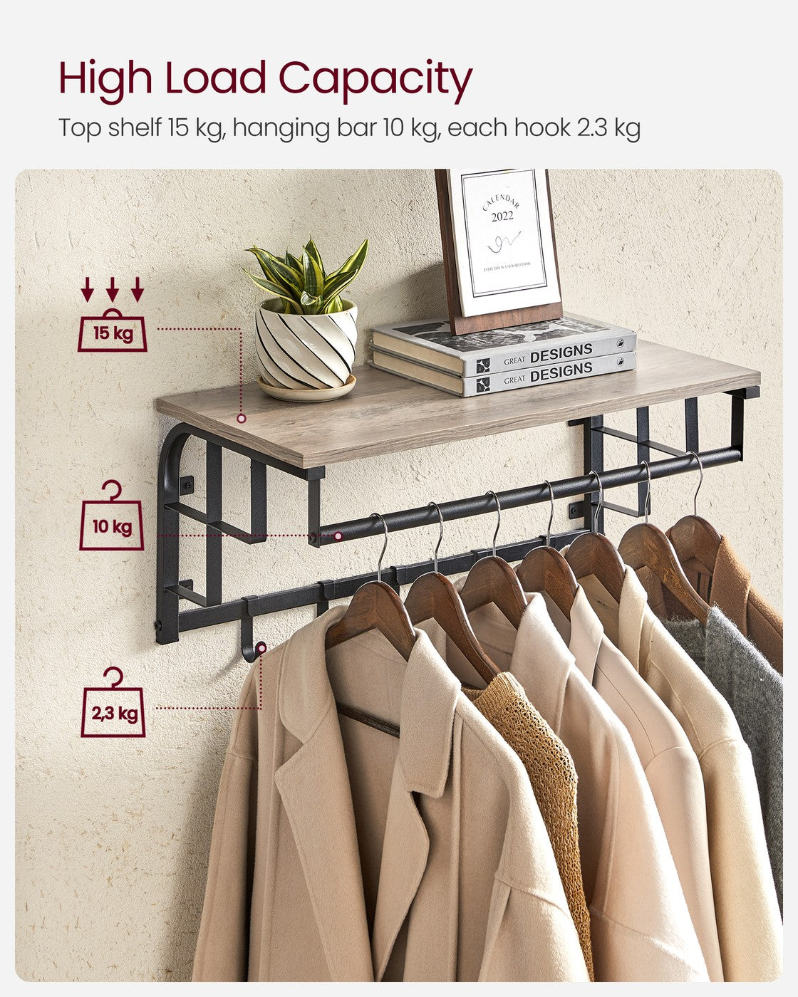 Coat Rack Wall-Mounted, Clothes Rail with 5 Removable Coat Hooks - image 17