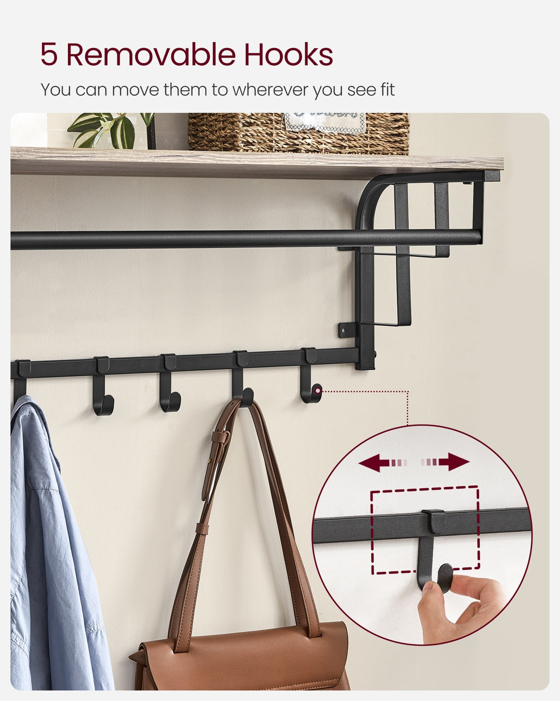 Coat Rack Wall-Mounted, Clothes Rail with 5 Removable Coat Hooks - image 19